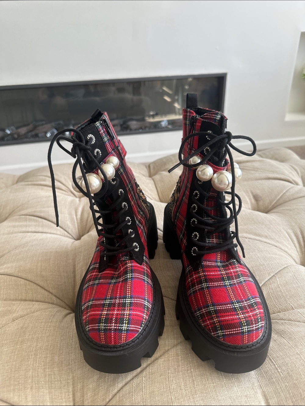 Betsey Johnson Red Plaid Lace-Up Combat Boots with Pearl Accents